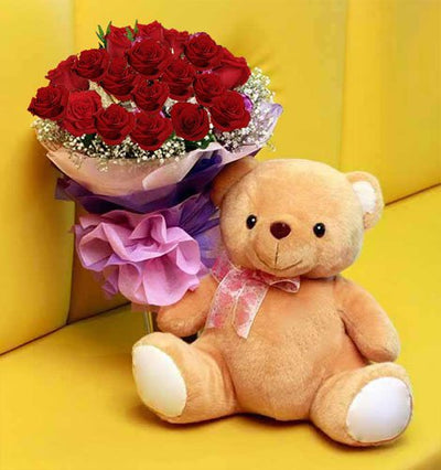 20 Stems of Red Roses wrapped with Cellophane packing.
•	Approx 1 feet long Teddy Bear
