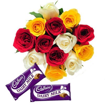  12 mixed Roses hand bunch
 2 Cadbury Diary milk Chocolates (34 gm each).