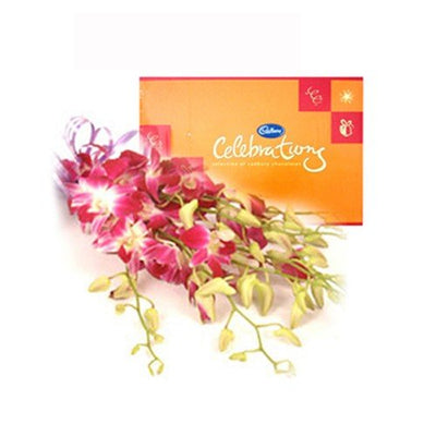 Cadbury Celebrations pack (141 gm)
 6 stem purple Orchids wrapped in cellophane paper
 Free Message Card