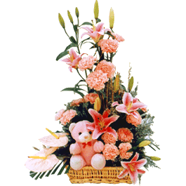  Mixed Flowers basket arrangement include lilies, roses and pretty carnations
 Small Cute Teddy sitting in basket
 Free Message Card