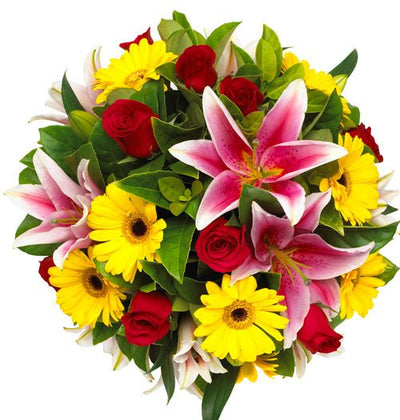  Special Mixed flowers bouquet of Daisies, Exotic Lilies and Premium Red Roses.
 Flowers: 30+
 Free Message Card