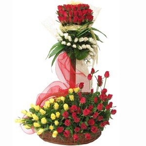 Standing gesture of premium 100 stem colorful roses arranged beautifully with the help of stand.
