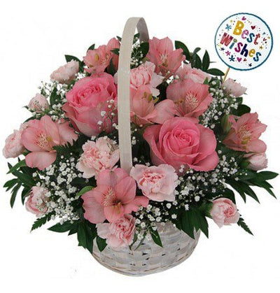  Wooden Basket of Pink Roses and Pretty Pink Carnations.