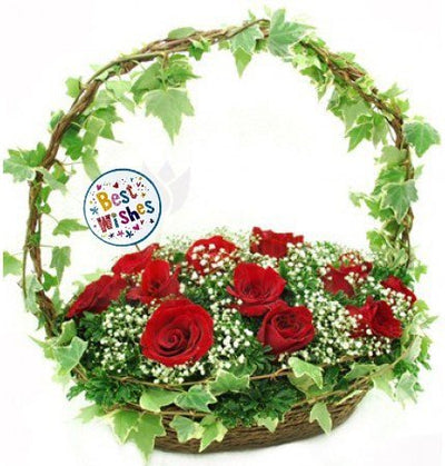 18 Red Roses Basket with lush green fillers..