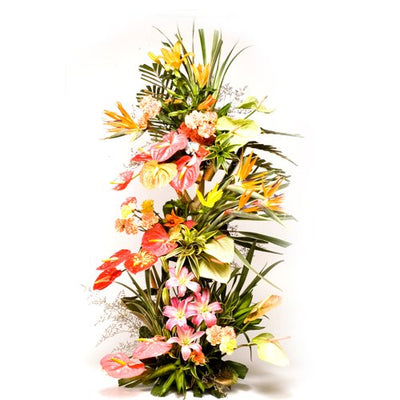 Standing arrangement of Exotic Flowers - 
Anthurium
 Bird of Paradise
Lilies and Pretty Carnations arranged nicely with the help of stand. Total no of Flowers: 50 +