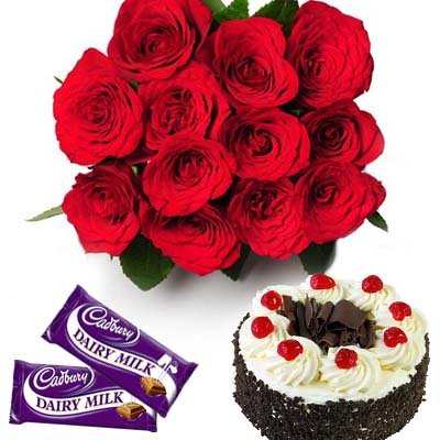 500 gm delicious black forest cake 
 Serves 2-3 People
 Dozen LS red roses
&#8226 2 Cadbury chocolates.