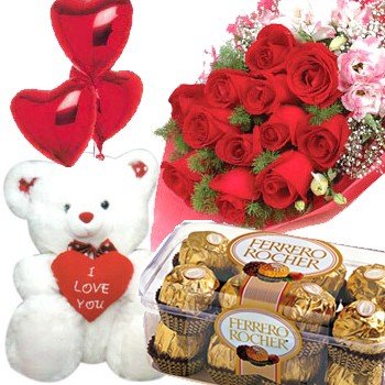 Dozen Red Roses bouquet with a 16 pcs Ferrero Rocher pack and a Small teddy bear (6 inch).
 Free Message Card
