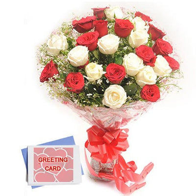 •	Two dozen red and white roses bouquet with a "Love You" Greeting Card.