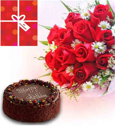  Dozen Red Roses (12 stem) bouquet
 1 Pound Chocolate Cake
 1 Big Occasional Greeting card (Card choice as per your occasion).