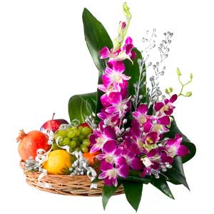  3 Kg Fresh Fruits Basket with 6 stem purple shade orchids decorated with it
 Free Message Card