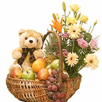  3 Kg Fresh Fruits Basket (Season fruits)
 15 mixed flowers arranged in the basket + 1 Teddy bear (Aprox 1 Feet)
 Free Message Card.

