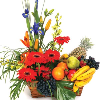  4 Kg Fresh Fruits Basket (Season Fruits) with Flowers (15 stalks) decorated in basket
 Free Message Card.