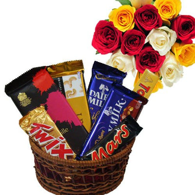  2 Cadbury Silk (69 gm each).
 1 Cadbury bournvile (80 gm).
 1 Cadbury Temptation (60 gm).
 2 Munch/Twix (Any One).
 1 Tobleron
 Bouquet of 12 Red Roses wrapped in Cellophane packing.