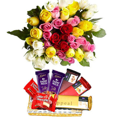  20 Mixed color roses bouquet
  A Chocolate Hamper (Includes Cadbury temptation, Cadbury silk & others)