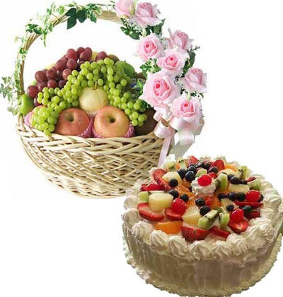  6 KG Fresh Fruits Basket (Seasonal Fruits) 
 10 stalks of Pink Roses decorated with basket 
 2 Pound Fresh Fruit Cake.
