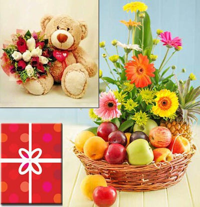 5 Kg Fresh Fruits Basket (Seasonal Fruits) with 15 stem daisy flower decorated with it 
 Huggable Teddy bear (1 Feet)
 Dozen Red n white Roses bouquet
 Occasional Greeting Card.