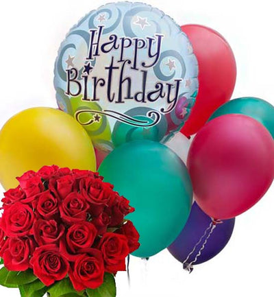  Bouquet of 15 Red Roses & 1 Mylar Birthday Printed Premium Balloon + 6 Latex Balloons
 Free Message Card
