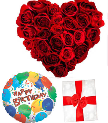 Heart shape arrangement of 36 Red Roses with a Premium "Birthday Printed" Mylar Balloon with stick (Aprox 1.8 Feet Large).
One Birthday Greeting Card (included).