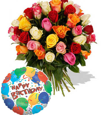 50 Mixed Roses hand bunch with a Premium "Birthday Printed" Mylar Balloon with stick (Aprox 1.8 Feet Large).