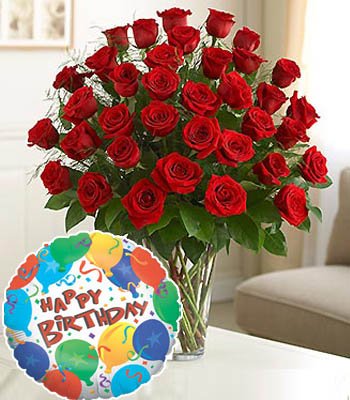 50 Red Roses bouquet with Premium "Birthday Printed" Mylar Balloon with stick (Aprox 1.8 Feet Large).