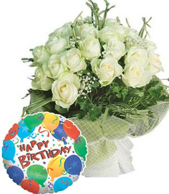 20 White Roses bouquet with a Premium "Birthday Printed" Mylar Balloon with stick (Aprox 1.8 Feet Large).