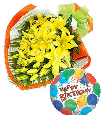 5 Stem Yellow Lilies Bouquet & a Premium "Birthday Printed" Mylar Balloon with stick (Aprox 1.8 Feet Large).