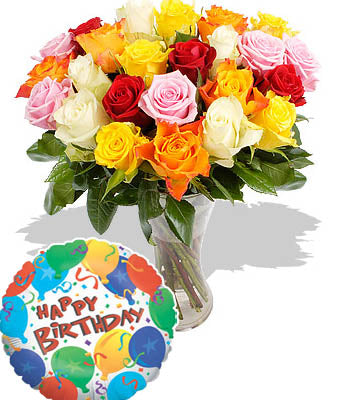 20 Elegant Mixed Rose bouquet with a Premium "Birthday Printed" Mylar Balloon with stick (Aprox 1.8 Feet Large).