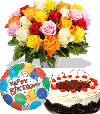 20 Mixed elegant roses bouquet with a 1 pound delicious black forest cake and a Premium "Birthday Printed" Mylar Balloon with stick (Aprox 1.8 Feet Large).