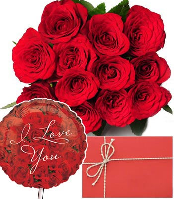 Dozen Red Roses bouquet with Love you greeting card & a Premium "I Love U" Mylar Balloon with stick (Aprox 1.8 Feet Large).
