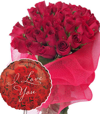  Two dozen red roses bouquet wrapped in cellophane packing
  Premium "I Love U" Mylar Balloon with stick (Aprox 1.8 Feet Large)
 Free Message Card

Note: This product is available only in few cities only (Cities Mentioned below). If you do not find your "Delivery City" listed over here, then please choose any other product or CALL US! Thank you!